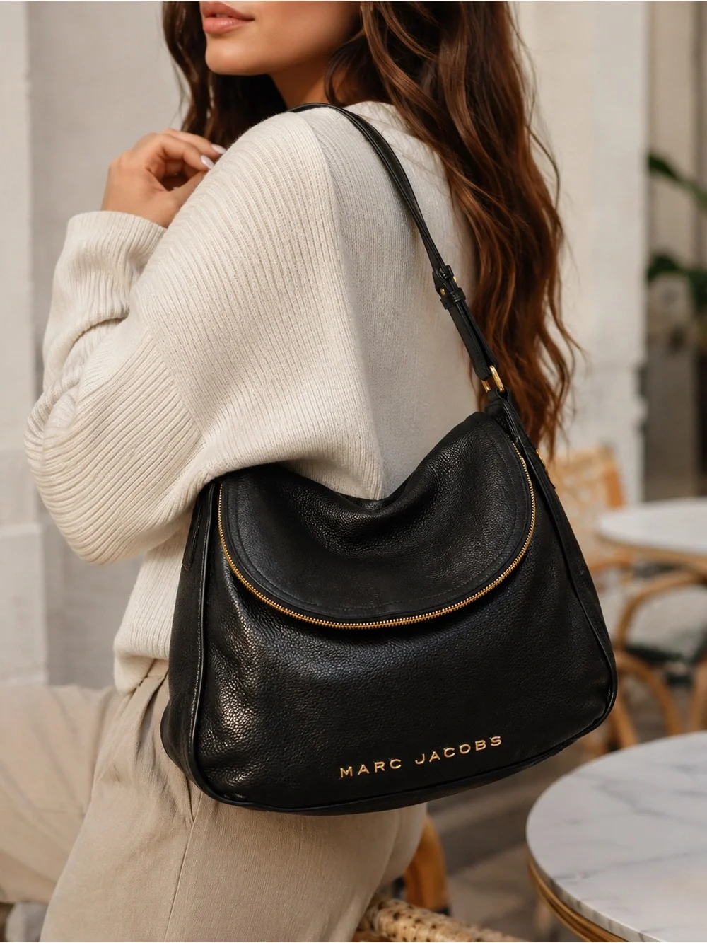 Marc Jacobs Black Pebbled Leather Hobo Shoulder Bag + Matching Wallet Gold Hardw